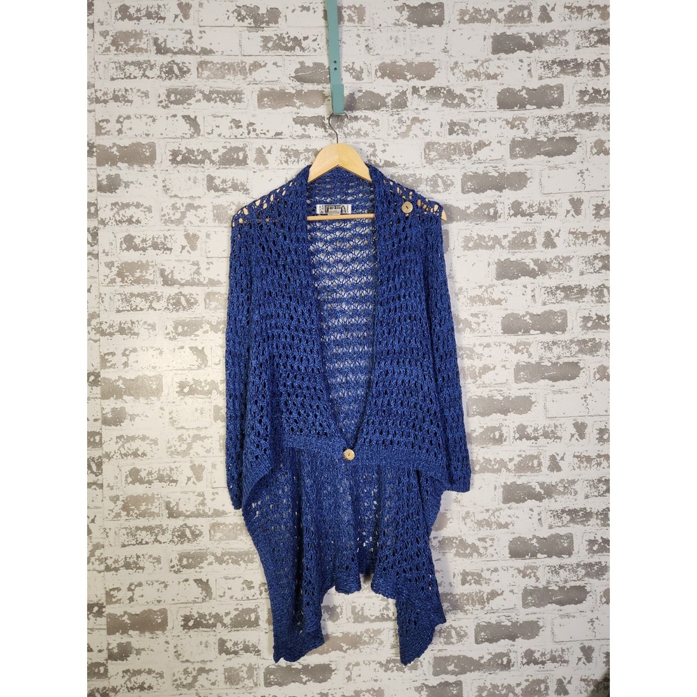 Anthropologie Curio Crochet Cardigan Medium Blue Open Knit Button‎ Boho Cottage